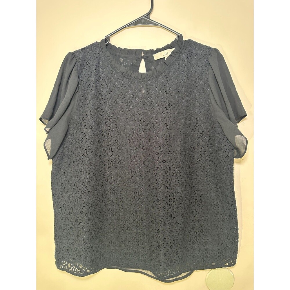 LOFT women's black lace blouse crew ruffle neck sheer sleeves SIZE M